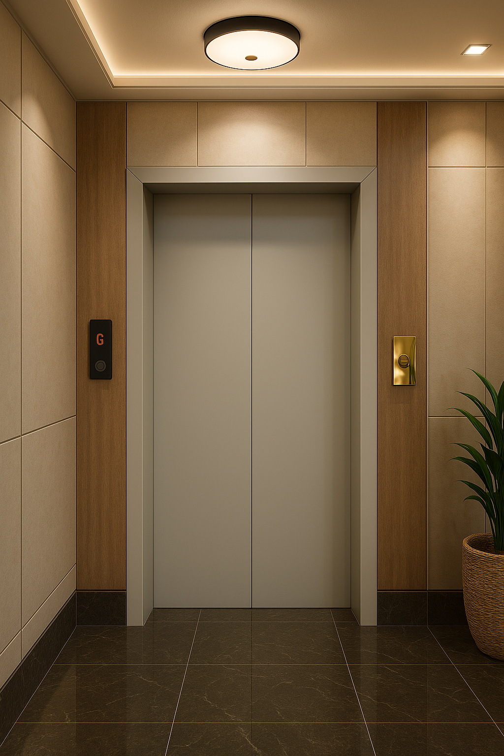 Elegant modern elevator entrance with wooden paneling and premium finishes